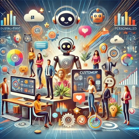 DALL·E 2024-11-11 11.05.47 - A visually dynamic illustration of a modern customer experience concept, showing a diverse group of customers interacting with innovative technology s