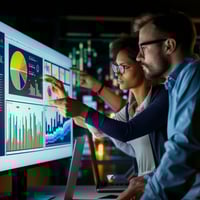 A group of people looking at graphs and statistical data on large touchscreens