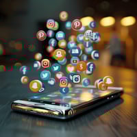 A mobile phone with many social media app icons popping out of the screen