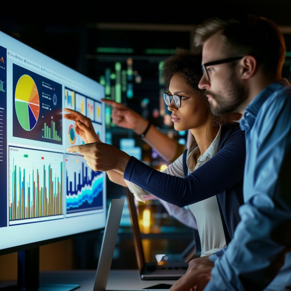 A group of people looking at graphs and statistical data on large touchscreens