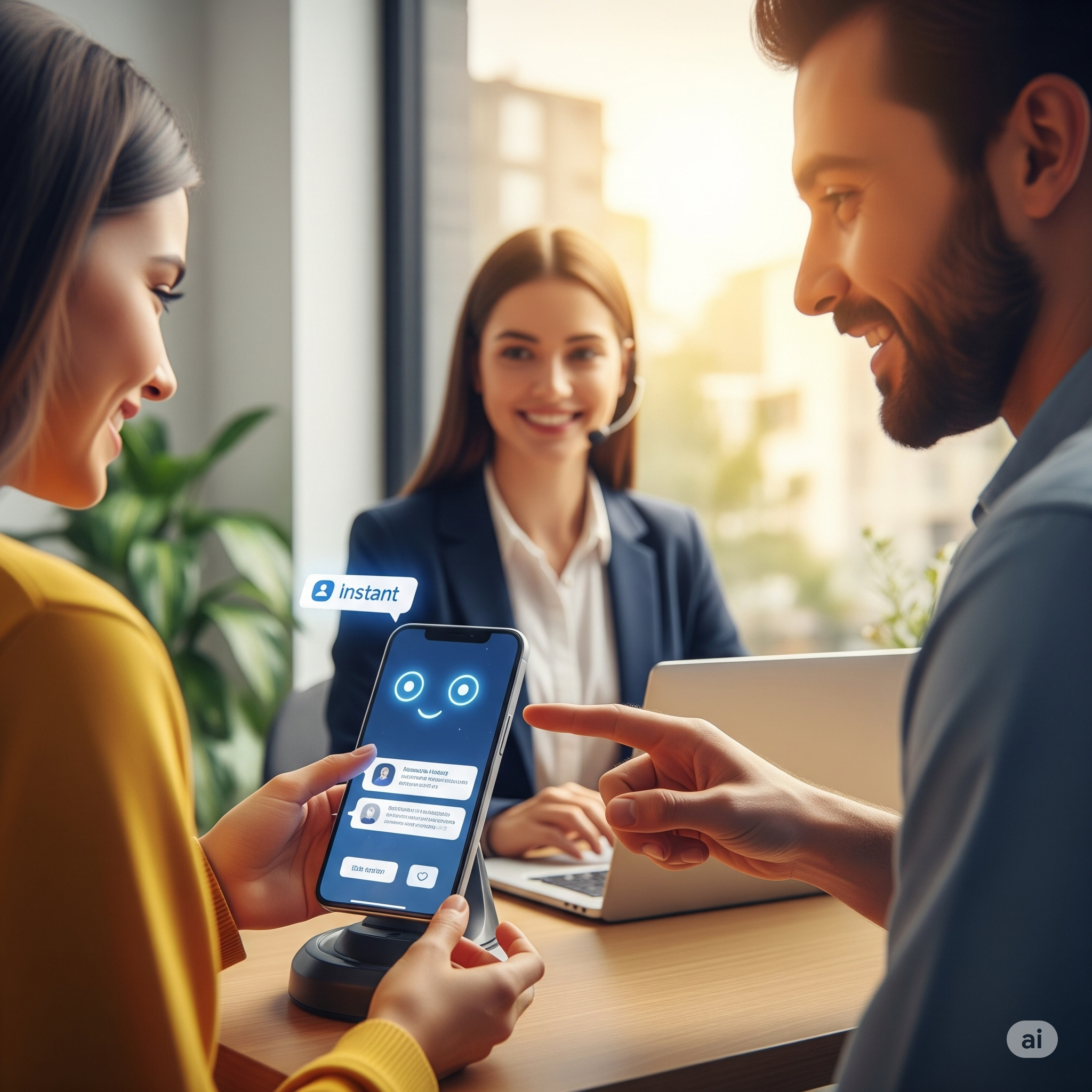 Humans interacting with Ai and showing happiness