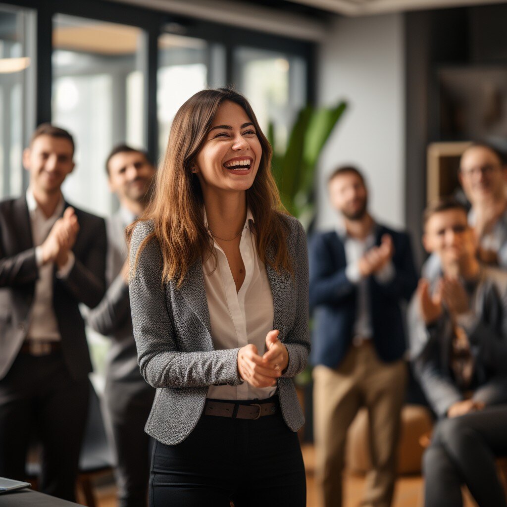A picture of a woman being acknowledged at work