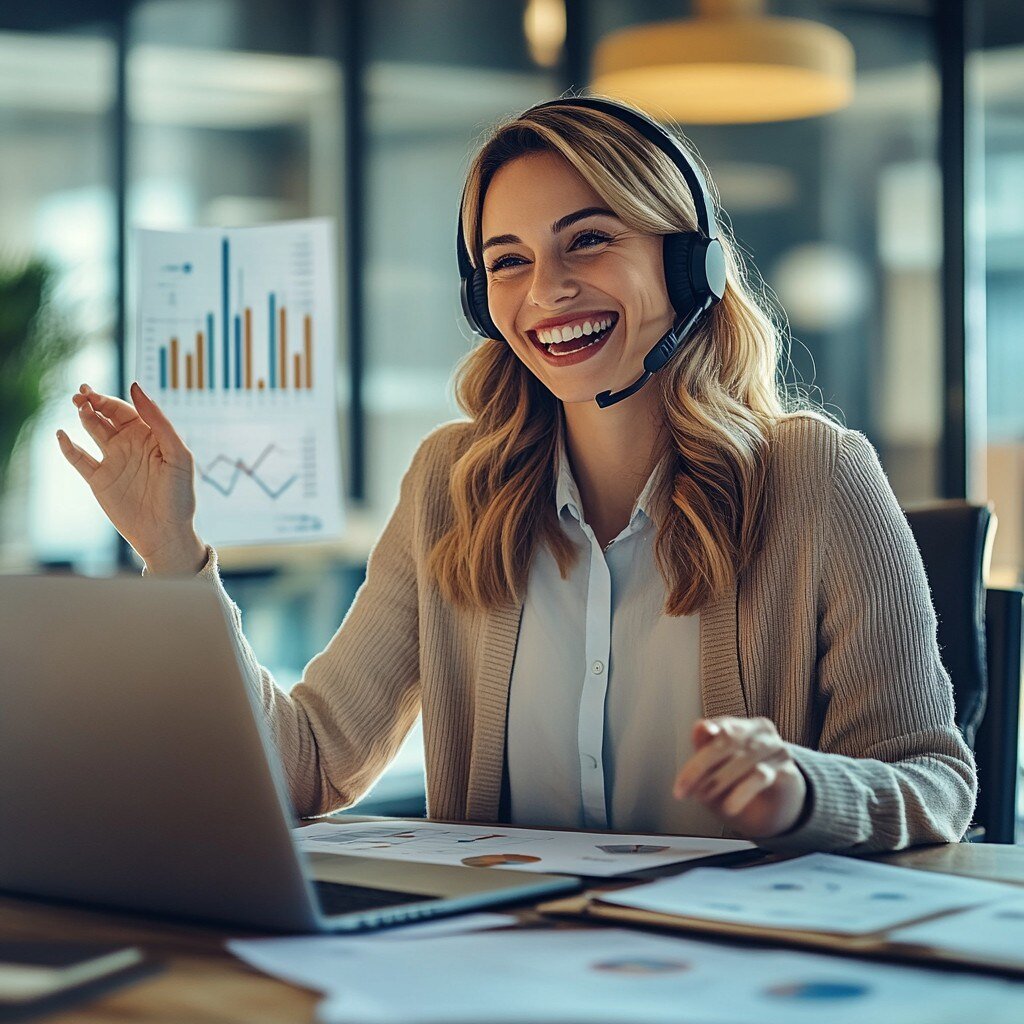 A very happy customer support agent talking over the phone